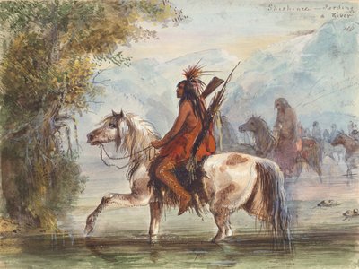 Shoshone Camp Fording a River, ca. 1837 (akvarell på papir) av Alfred Jacob Miller