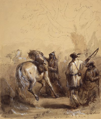 Sir W.D.S., Antoine og Auguste eller forbereder seg på en bøffeljakt, ca. 1837 (penn og blekk, vask og gouache på papir) av Alfred Jacob Miller