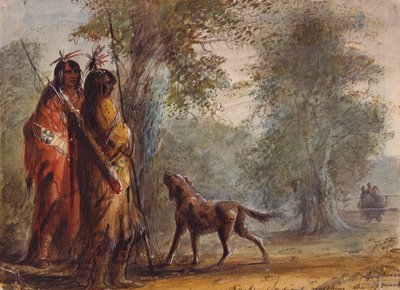 Snake Indians Watching the Approach of a Canoe, ca. 1837 (blyant, akvarell og gouache på papir) av Alfred Jacob Miller