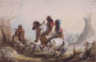 Fangstfangere og slangeindianere samtaler etter tegn, ca. 1837 (blyant, akvarell og gouache på papir) av Alfred Jacob Miller