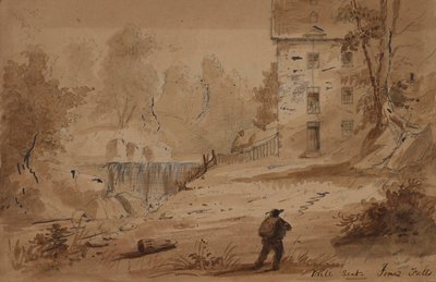Utsikt over et hus og et fossefall av Alfred Jacob Miller