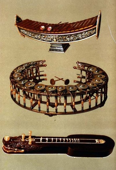 (TtoB) En Ranat ek, en Khong wong yai og en Ta'khay, thailandske instrumenter fra 'Musical Instruments' (farget lito) av Alfred James Hipkins