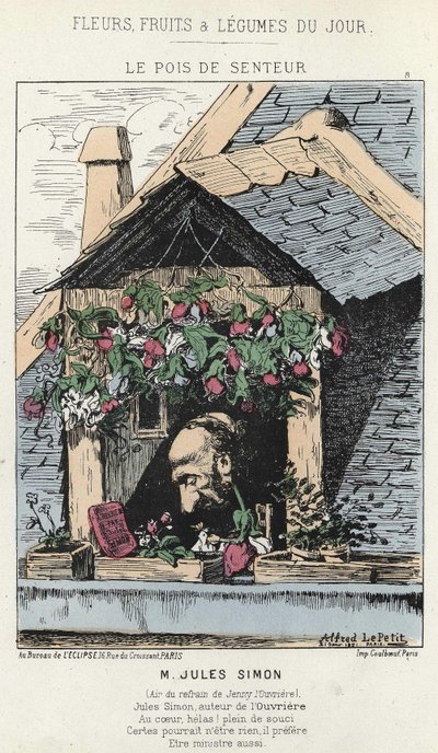 Le Peas de Fragreur: caricature about Jules Simon (1814 - 1896) - ill. from 12/01/187 in ” Flowers, Fruits and Vegetables of the Day” av Alfred Le Petit