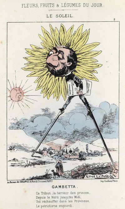 Le Soleil (solsikke): karikatur på Gambetta (1838 - 1882) - ill. fra 12.01.1871 i "Dagens blomster, frukt og grønnsaker" av Alfred Le Petit