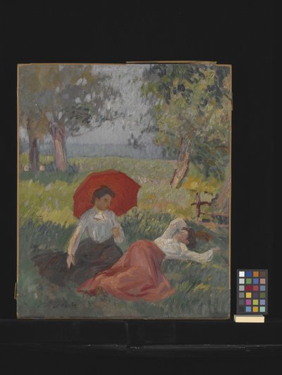 To kvinner hviler i et landskap (olje på lerret) av Alfred Le Petit
