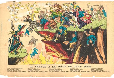 flygende blad, Satirical in Colors, ca. 1878: Jakt på hundre understykker - Sølv - Djevel, Cures Illustrasjon av Alfred Le Pete (1841-1909) av Alfred Le Petit