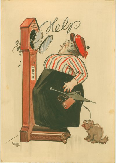 Prøv vekten din! (akvarell) av Alfred Leete