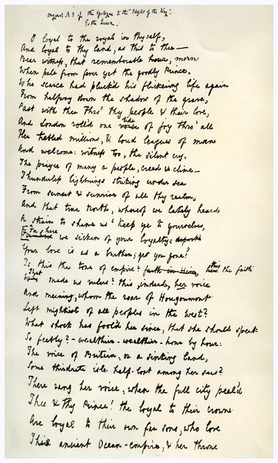 Originalt manuskript av epilogen til kongens idyller, c1872. av Alfred Lord Tennyson