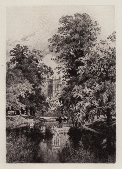 Cambridge: The Cam nær Trinity College, med Tower of St John's Chapel (radering) av Alfred-Louis Brunet-Debaines