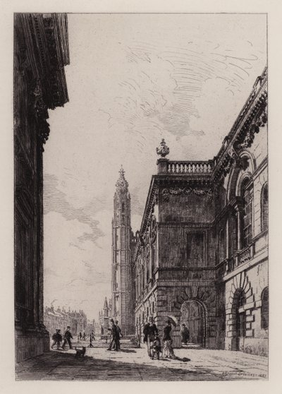 Cambridge: Senatets hus og universitetsbiblioteket (etsing) av Alfred-Louis Brunet-Debaines