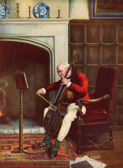 A Difficult Passage - mann som øver på cello foran bålet (fargelitho) av Alfred Lyndon Grace
