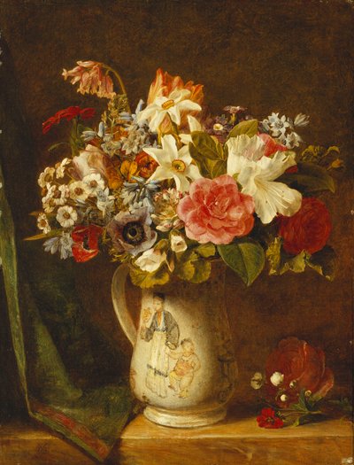 Roser, narcissi og andre blomster i en vase, av Alfred Morgan