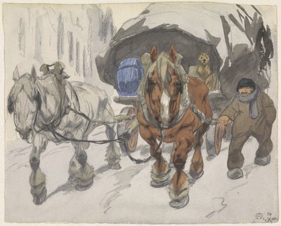 Gårdsvogn med to hester foran av Alfred Ost