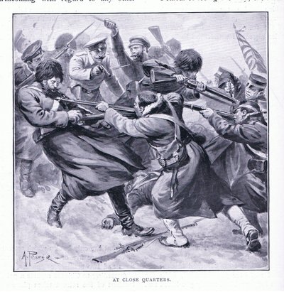 På nært hold, illustrasjon fra Cassells History of the Russo-Japanese War Vol 1, ca. 1900 av Alfred Pearse