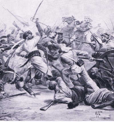Nicholsons nederlag for opprørerne ved Najafgarh, 2. august 1857, illustrasjon fra British Battles on Land and Sea, 1915 av Alfred Pearse