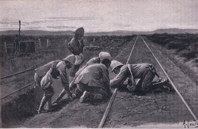 Våre tropper sprenger en militærjernbane nord for Bloemfontein (litho) av Alfred Pearse