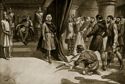 Bønder slenger ned plogskjærene sine ved føttene til Henry I, illustrasjon fra 'Hutchinson's Story of the British Nation', ca. 1920 (litho) av Alfred Pearse