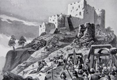 Det walisiske angrepet på Montgomery Castle i 1095 ledet av Cadwgan ap Bleddyn, Prince of Powys, illustrasjon fra 