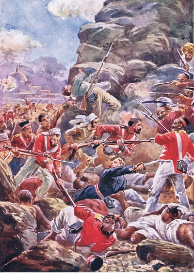 Beleiringen av Delhi: Storming the breach, illustrasjon fra British Battles on Land and Sea, 1915 av Alfred Pearse