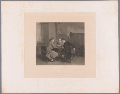 Interiør med tre røykende menn ved et bord Les Bons Amis (tittel på objekt) av Alfred Revel