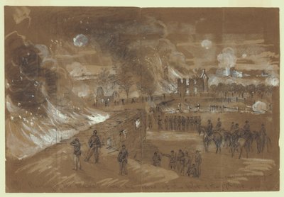 Brenning av Mr. Mumas [sic] hus og låver i kampen den 17. september av Alfred Rudolph Waud