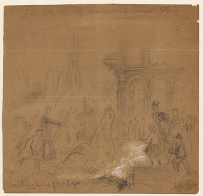 Søker ruiner etter en safe etter Chicago-brannen i 1871 (blyant og kritt på papir) av Alfred Rudolph Waud
