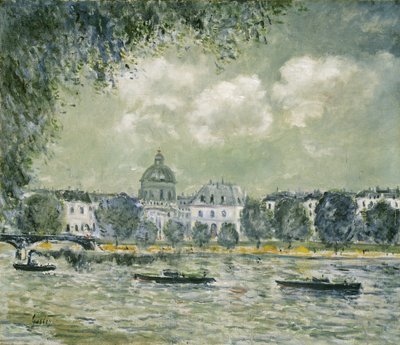 Landskap langs Seinen med Institut de France og Pont des Arts, ca. 1875 av Alfred Sisley