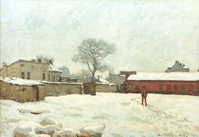 Under snøen, gårdstun i Marlyle-Roi av Alfred Sisley