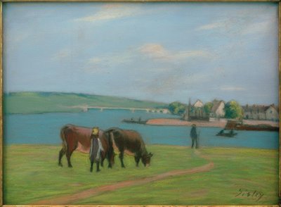Kyr på bredden av Seinen i Saint-Mammès av Alfred Sisley