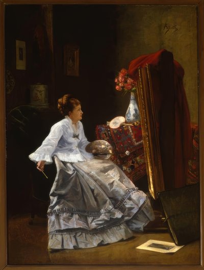 Tilskrevet A.Stevens, Lady at her Easel / Painting av Alfred Emile Stevens