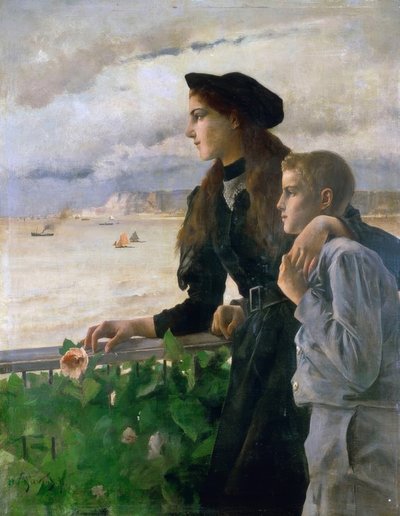 Bror og søster foran havet i Honfleur av Alfred Emile Stevens
