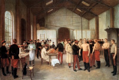 Vaksinasjon av franske offiserer ved Val de Grace sykehus i Paris ca. 1900 (olje på lerret) av Alfred Touchemolin