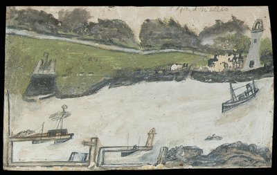 Havnescene med slott og fyrtårn (blyant og olje på kort) av Alfred Wallis