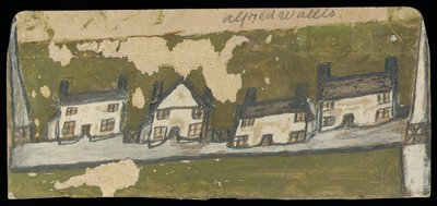 Rad med fire hytter (olje og blyant på kort) av Alfred Wallis