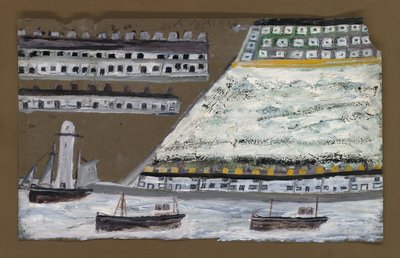 Skip og fyr, hus (blyant og olje på papir) av Alfred Wallis