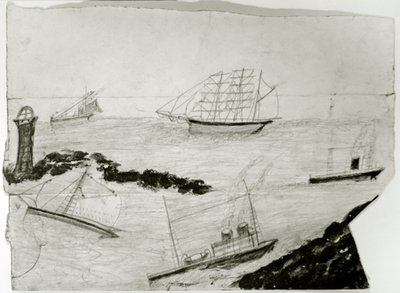 Tre seilskip, to dampskip og Godrevy fyrtårn, ca. 1935-38 (olje og blyant på kort) av Alfred Wallis