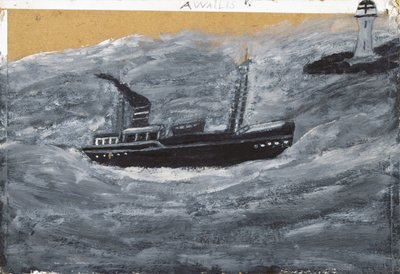 Tråler og brygge (olje på kort) av Alfred Wallis