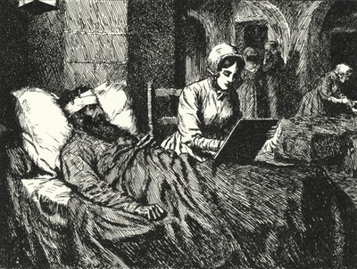 Den engelske sykepleieren Florence Nightingale skrev et brev til en soldat som ble såret i Krim-krigen på sykehuset i Scutari, 1855 av Alfred Wallis Mills