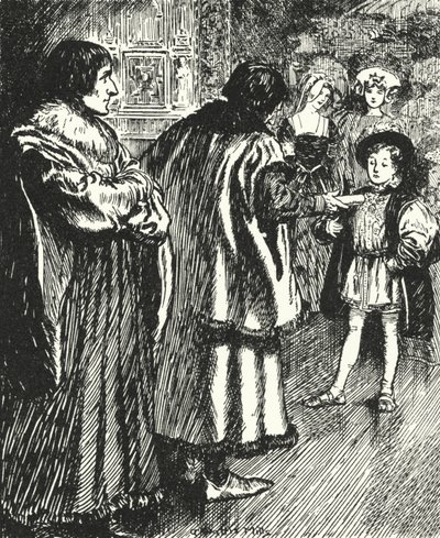 Erasmus så på Sir Thomas More som presenterer et dikt han hadde skrevet til den unge prins Henry, fremtidige kong Henry VIII av Alfred Wallis Mills