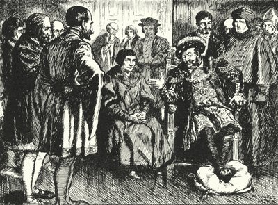 Sir Thomas More ved hoffet til Henry VIII, motsetter seg kongens forsøk på å få ham til å si noe for å underholde ham av Alfred Wallis Mills