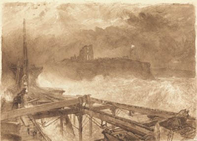 Studie for Tynemouth Pier - Tenning av lampene ved solnedgang av Alfred William Hunt