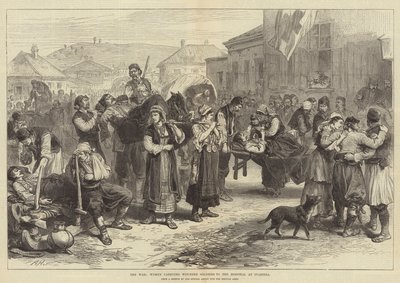 Krigen, kvinner som frakter sårede soldater til sykehuset i Ivanitza av Alfred William Hunt