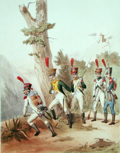 Franske tropper, gravert av Gustave David (1824-91) 1810 (litho) av Alfred de (after) Marbot