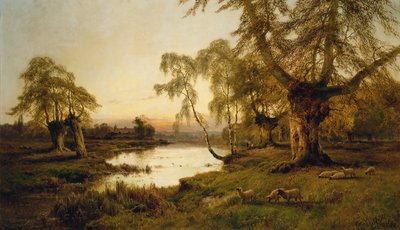 Sauer som beiter ved en innsjø ved solnedgang (olje på lerret) av Alfred de Breanski