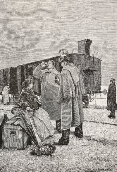 Five Minutes Stop, to menn som står ved et tog slutter å drikke og spise, gravering fra et maleri av Alfredo Luxoro (1859-1918), fra L