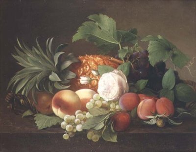 Stilleben med ananas, fersken, plommer og druer av Alfrida Vilhelmine Ludovica Baadsgaard
