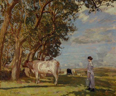 Sommermorgen, en melkepike og storfe av Algernon Mayow Talmage