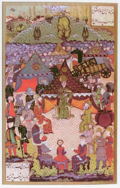 Kongen av Ungarn, Lajos II (1506-26) i råd før slaget ved Mohacs i 1526, 1558 (blekk og bladgull på vellum) av Ali Amir Beg