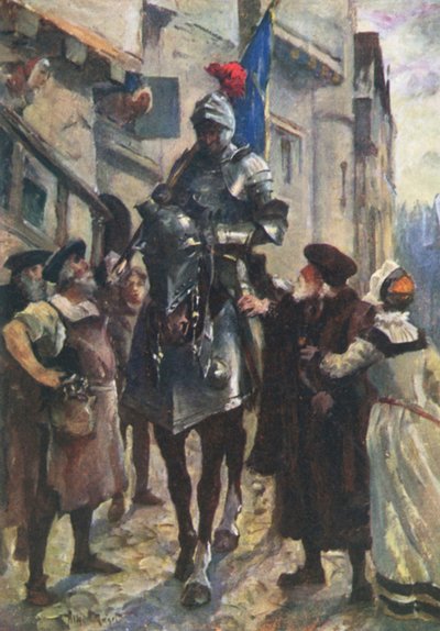 En budbringer fra Flodden som bringer de dårlige nyhetene til Edinburgh (farge litho) av Allan (after) Stewart