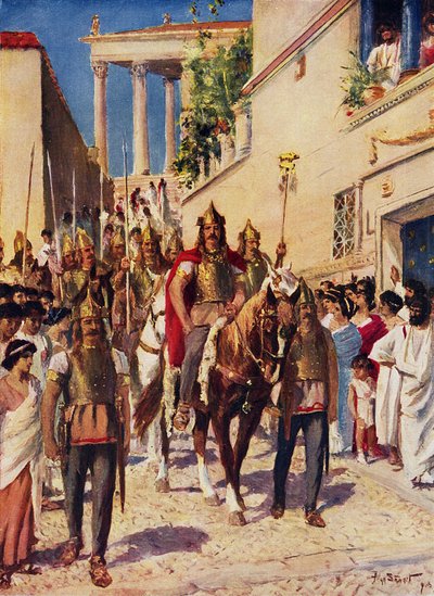 Alaric kommer inn i Athen (farge litho) av Allan (after) Stewart